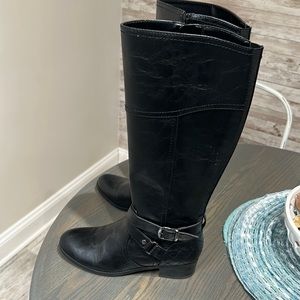 Never worn leather tall black boots with buckle